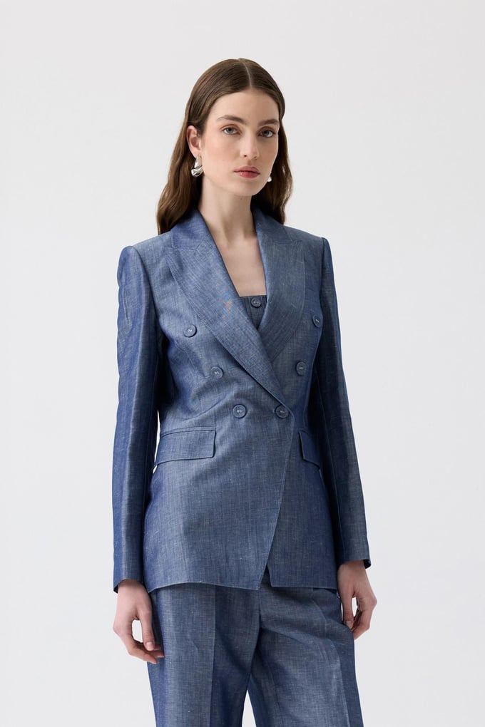 Padded Double-Breasted Navy Blue Blazer