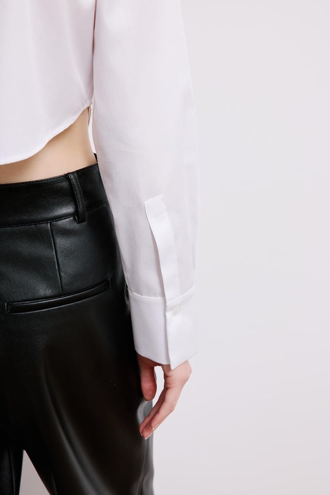 White Poplin Long Sleeve Shirt With Shoulder Pads