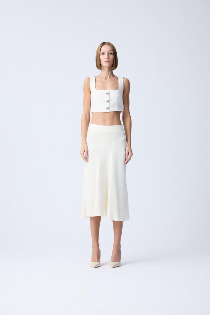 Ruffled Midi Ecru Tweed Skirt