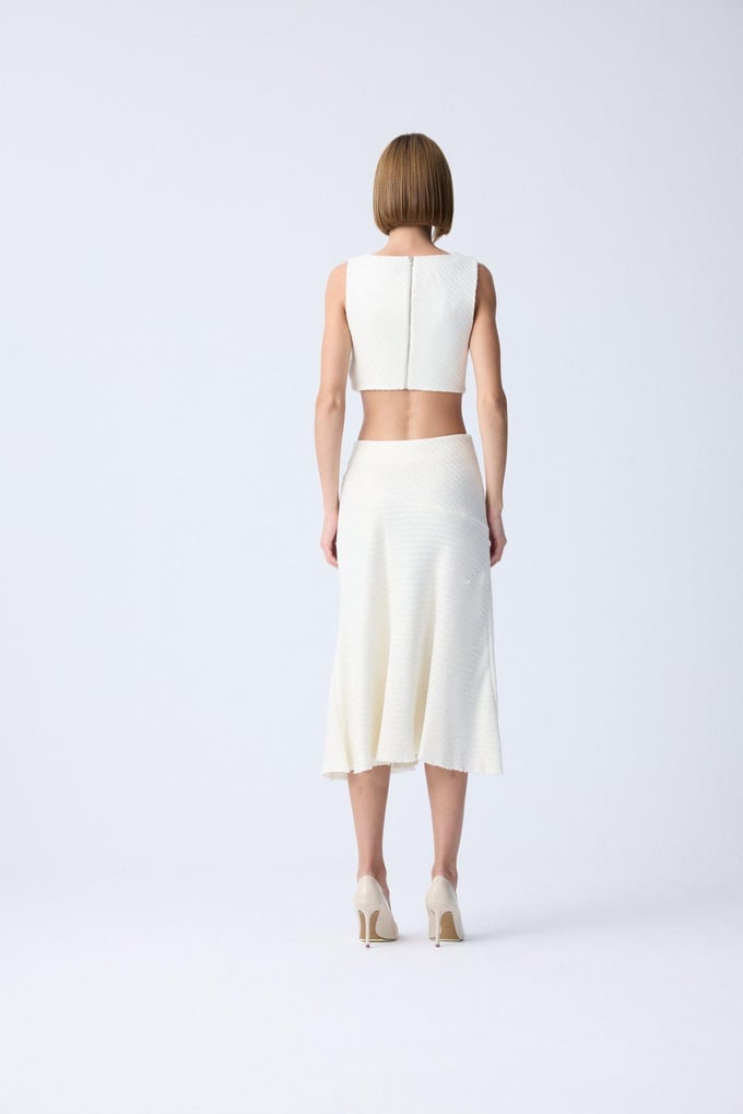 Ruffled Midi Ecru Tweed Skirt