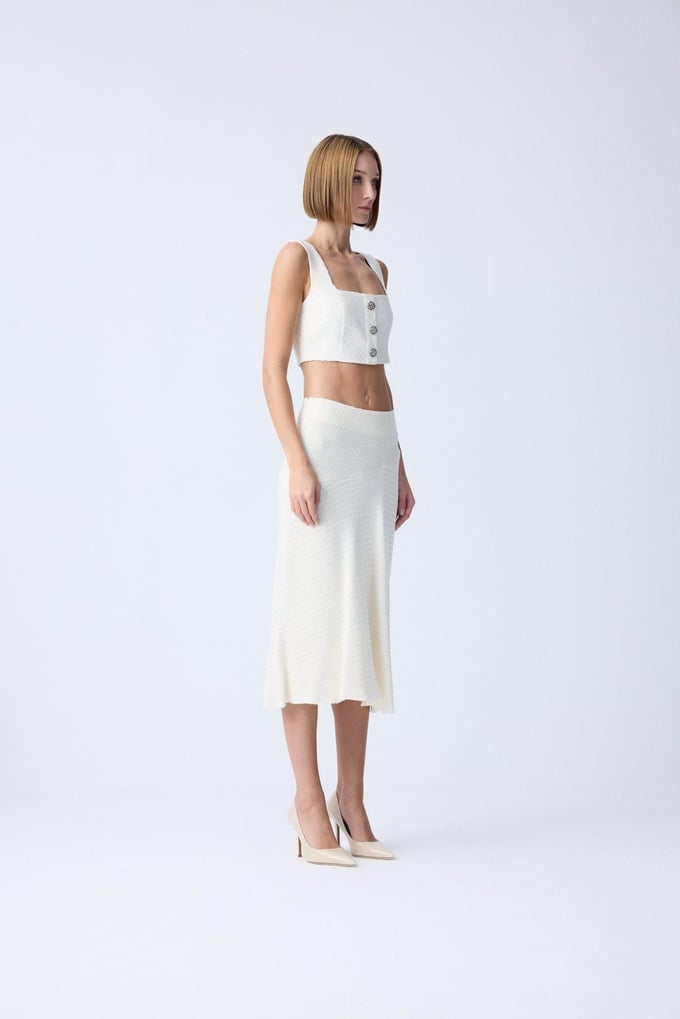 Ruffled Midi Ecru Tweed Skirt