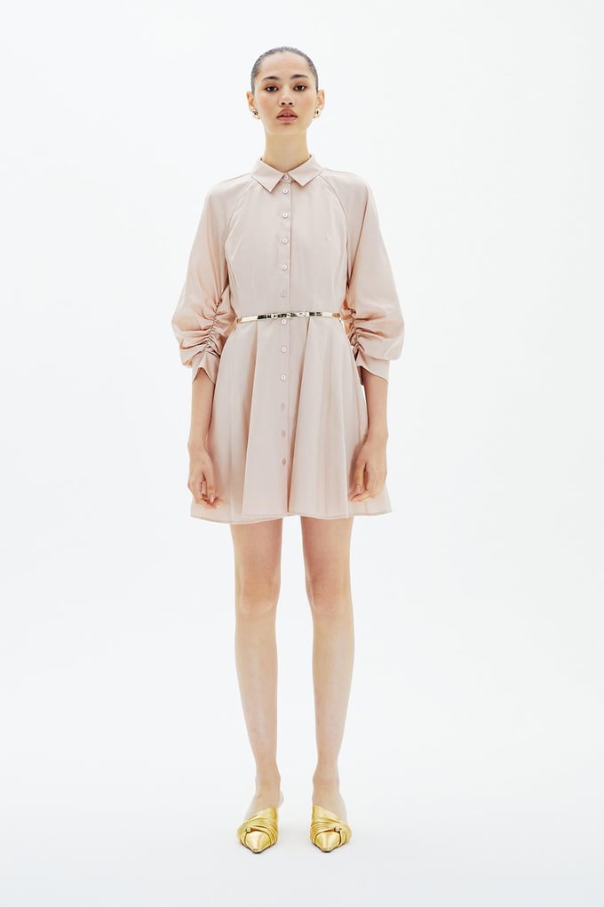Ruffled Mini Shirt Beige Dress