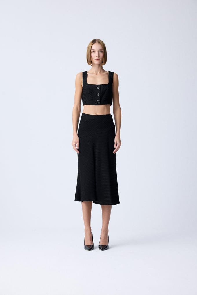Ruffled Midi Black Tweed Skirt