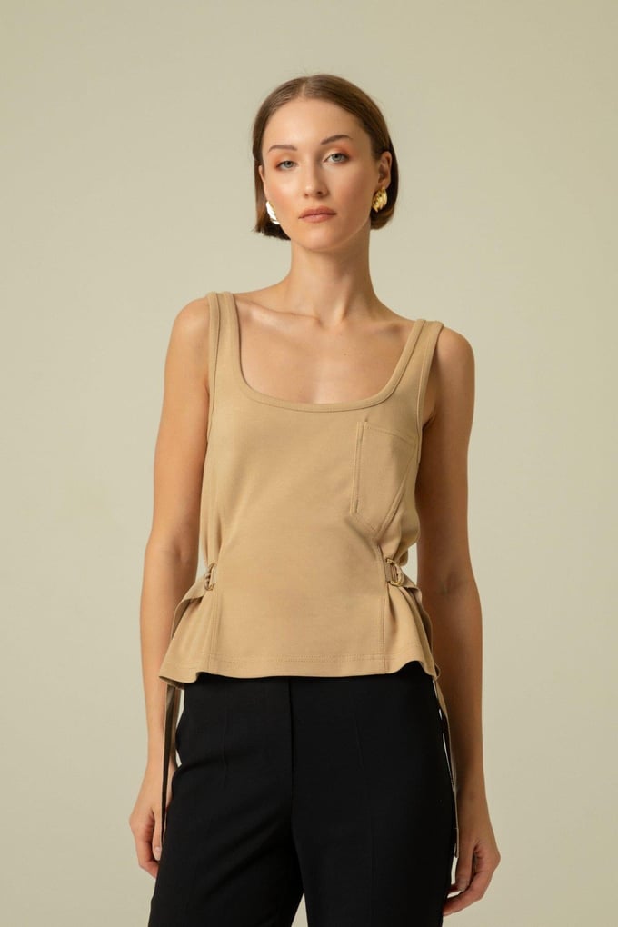 Side Buckle Strapped Camel Top