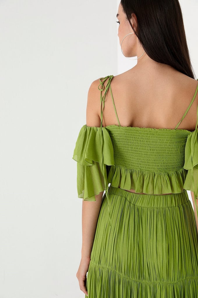 Yeşil Askılı Volanlı Crop Bluz
