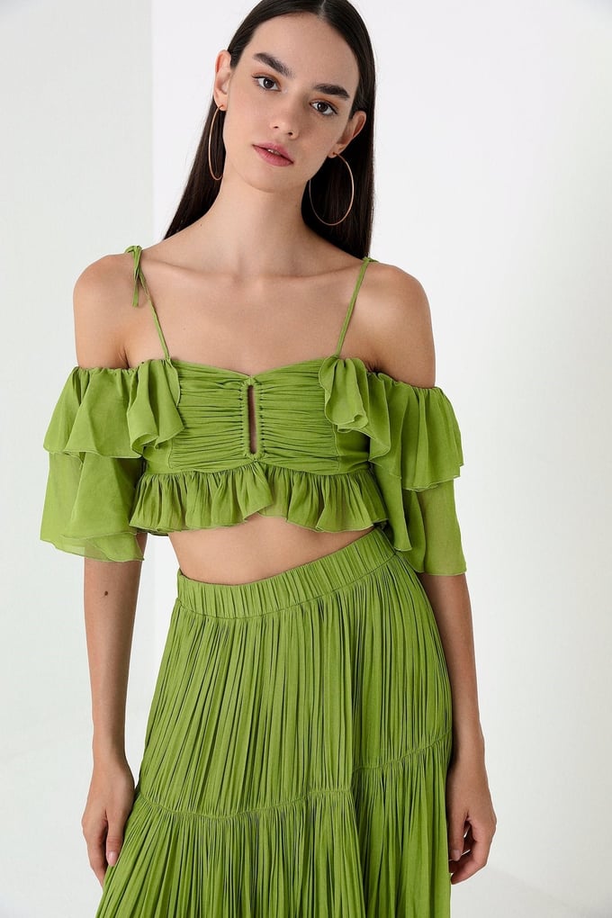 Yeşil Askılı Volanlı Crop Bluz