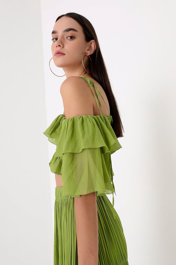 Yeşil Askılı Volanlı Crop Bluz