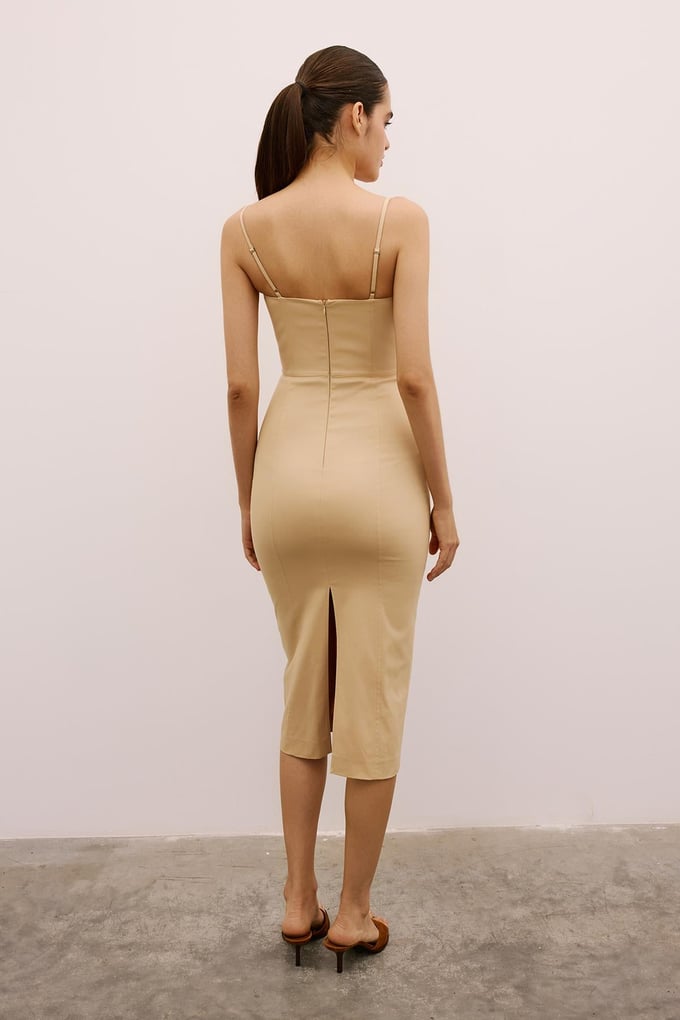 Slit Detail Strappy Beige Midi Dress