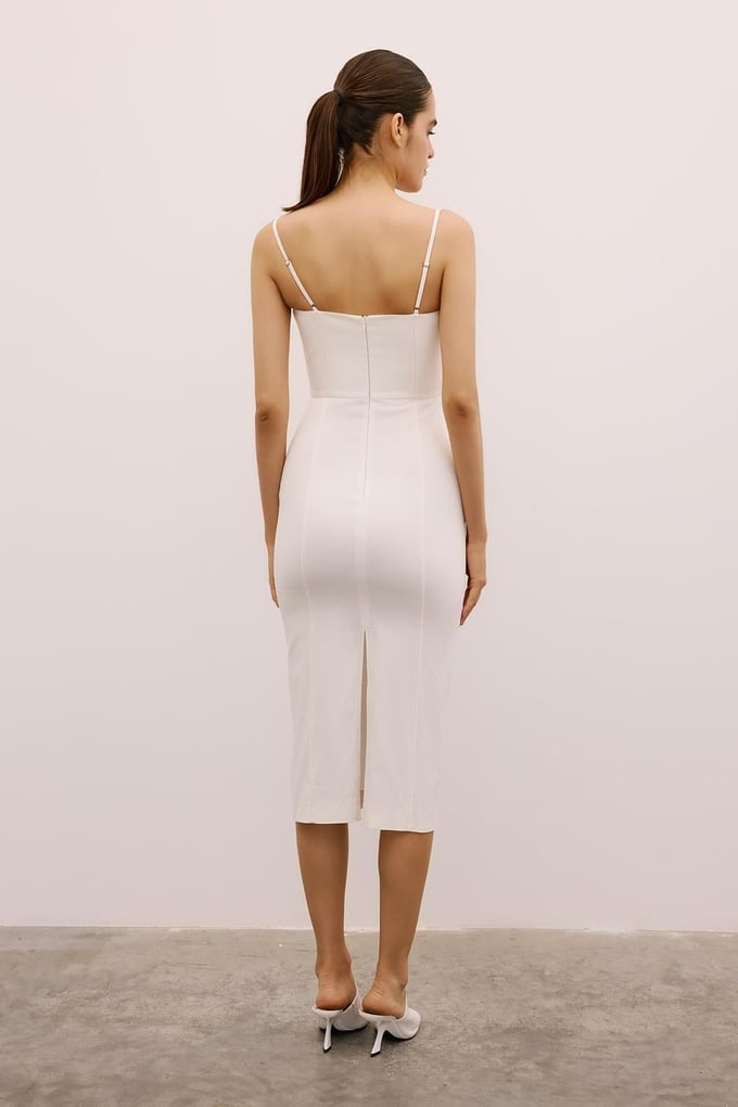 Slit Detail Strappy Ecru Midi Dress