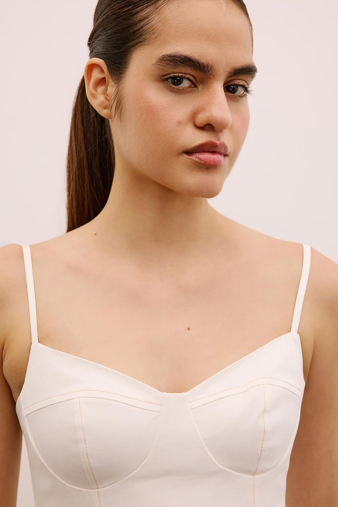 Slit Detail Strappy Ecru Midi Dress