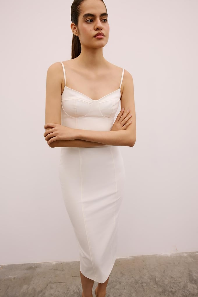 Slit Detail Strappy Ecru Midi Dress