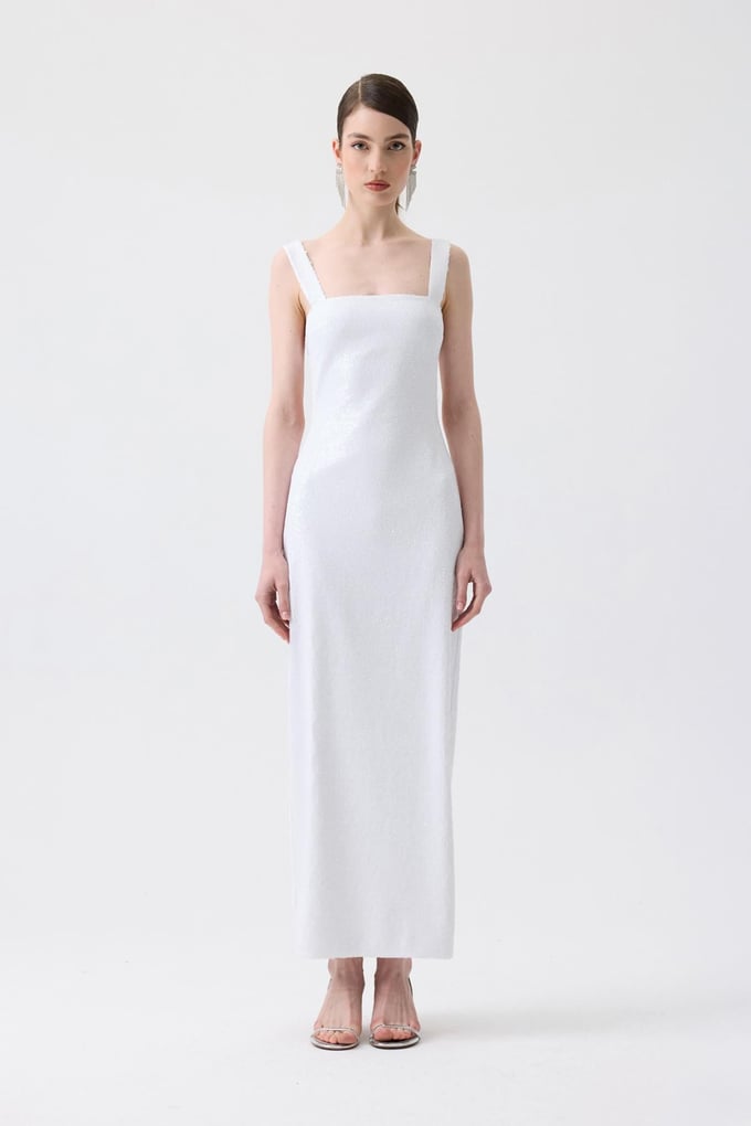 Slit Detail Long White Sequin Dress