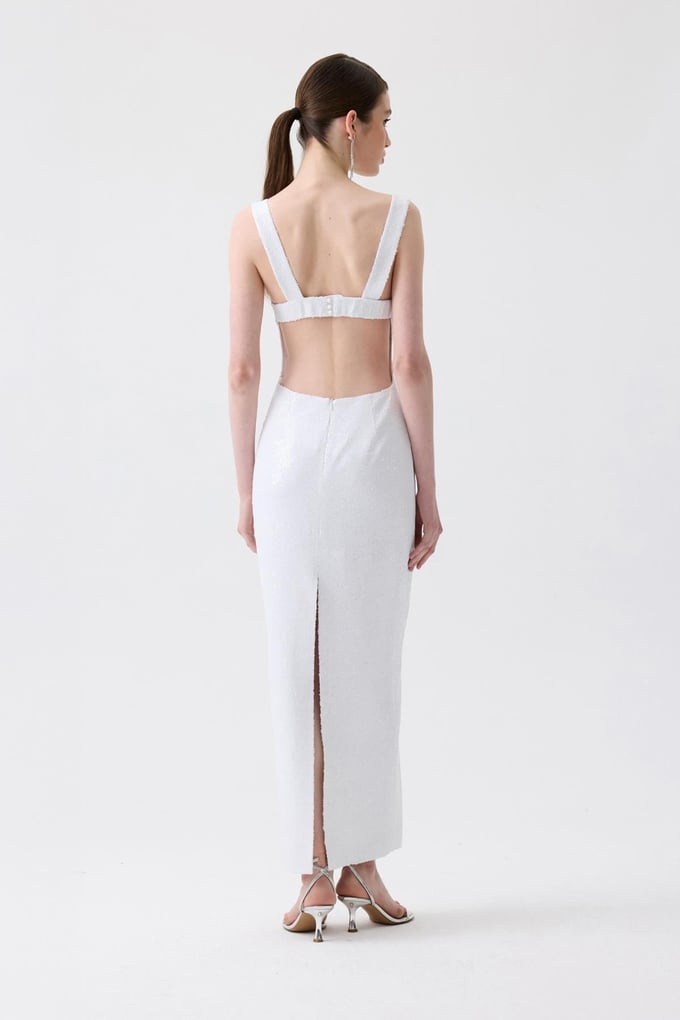 Slit Detail Long White Sequin Dress