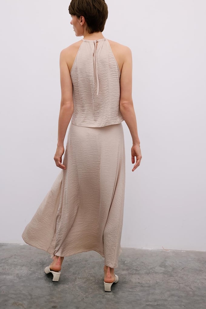 Slit Elastic Waist Long Beige Skirt