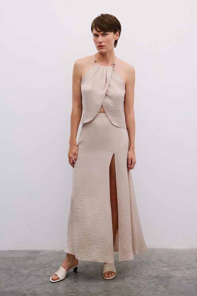 Slit Elastic Waist Long Beige Skirt