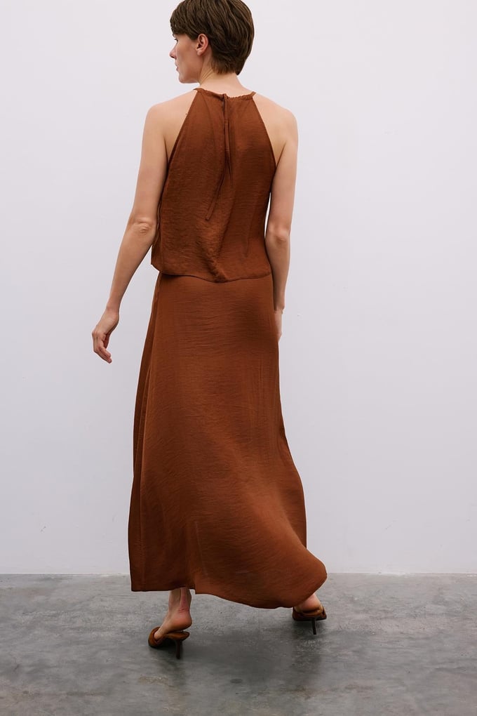 Slit Elastic Waist Long Brown Skirt