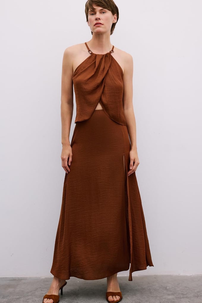 Slit Elastic Waist Long Brown Skirt