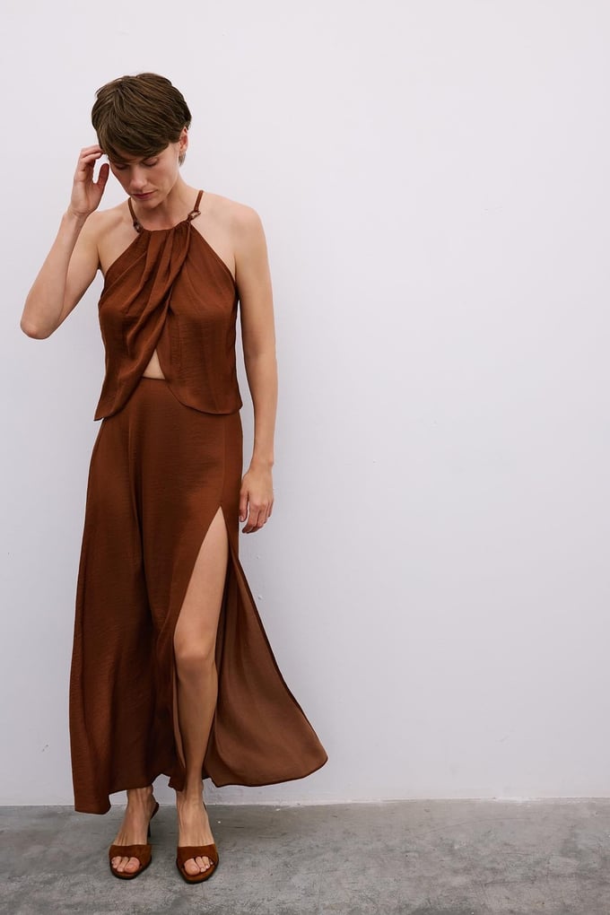 Slit Elastic Waist Long Brown Skirt