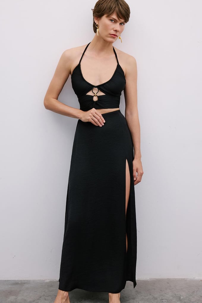 Slit Elastic Waist Long Black Skirt
