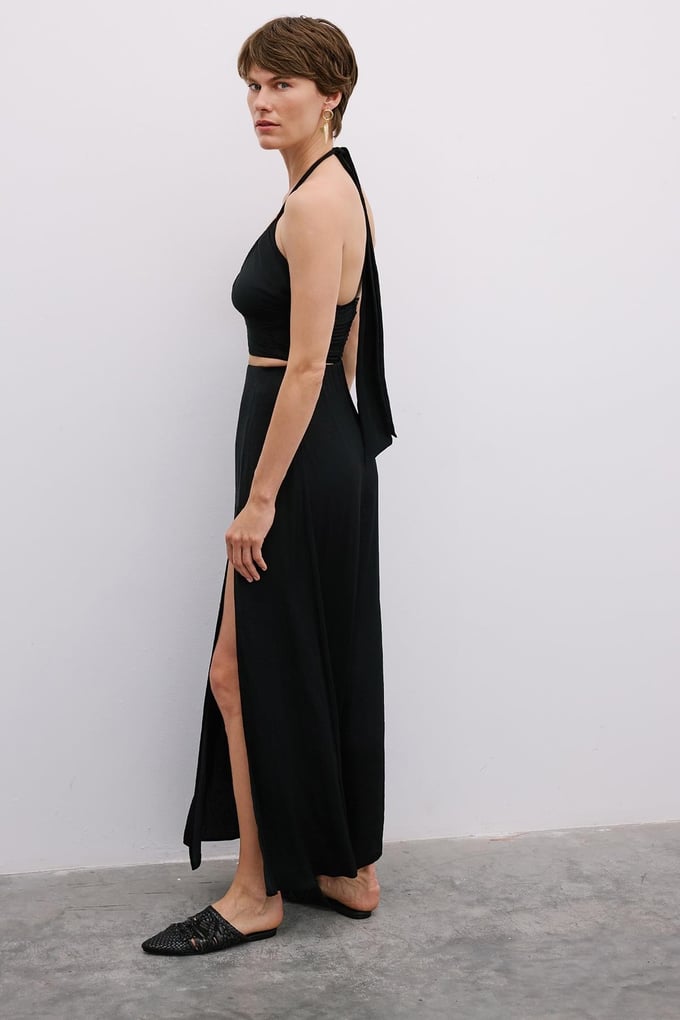 Slit Elastic Waist Long Black Skirt