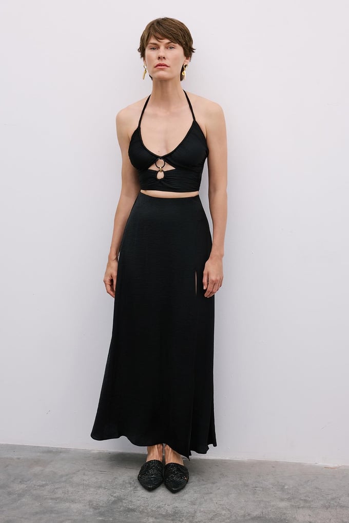 Slit Elastic Waist Long Black Skirt