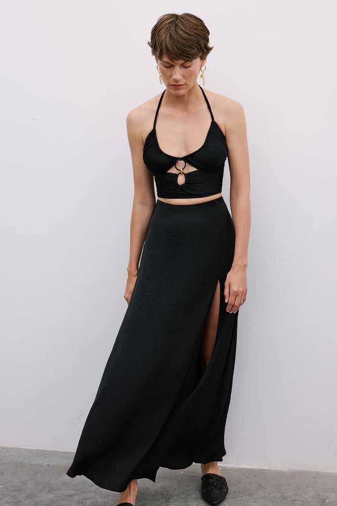 Slit Elastic Waist Long Black Skirt