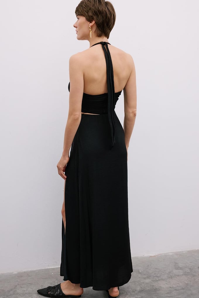 Slit Elastic Waist Long Black Skirt