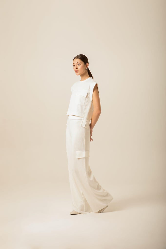 High-Waisted Wide Knitted Ecru Trousers