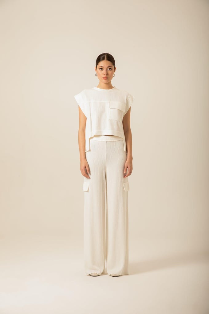 High-Waisted Wide Knitted Ecru Trousers