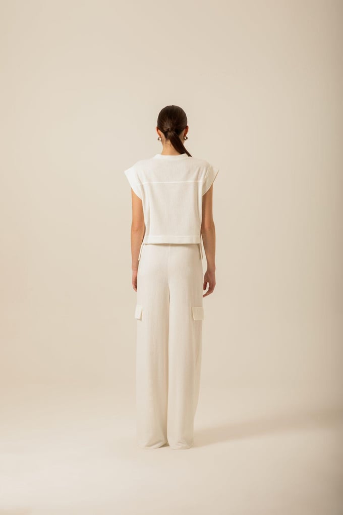 High-Waisted Wide Knitted Ecru Trousers