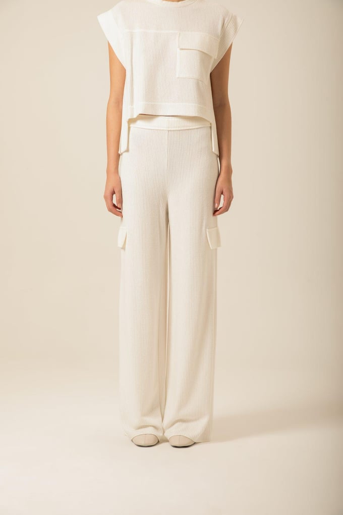 High-Waisted Wide Knitted Ecru Trousers