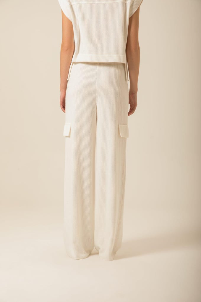 High-Waisted Wide Knitted Ecru Trousers