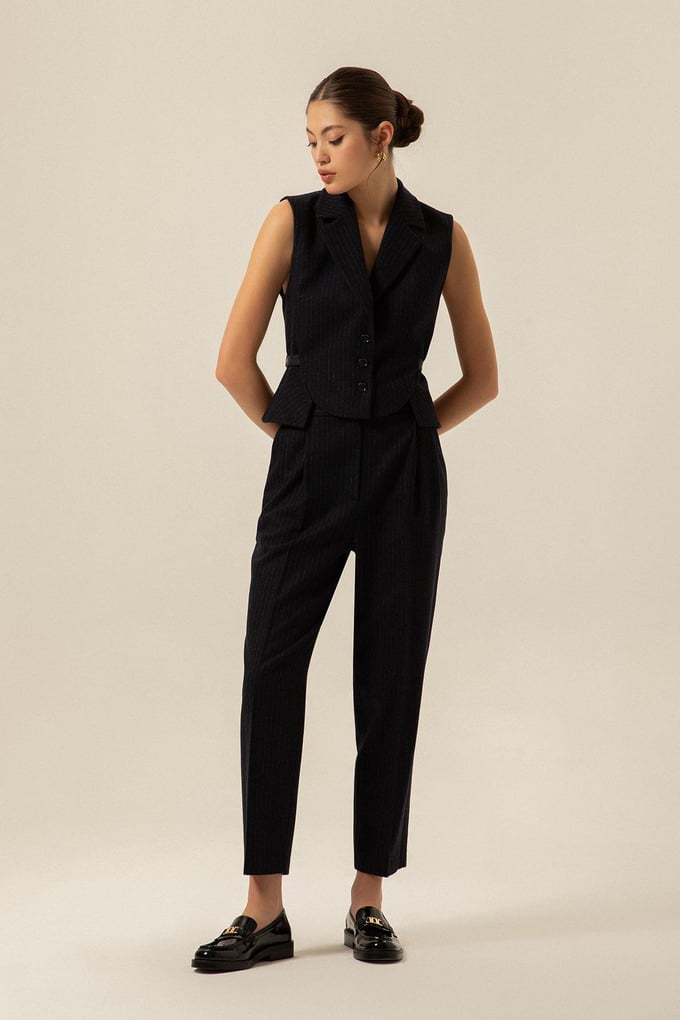 High-Waisted Striped Cashmere Dark Blue Trousers