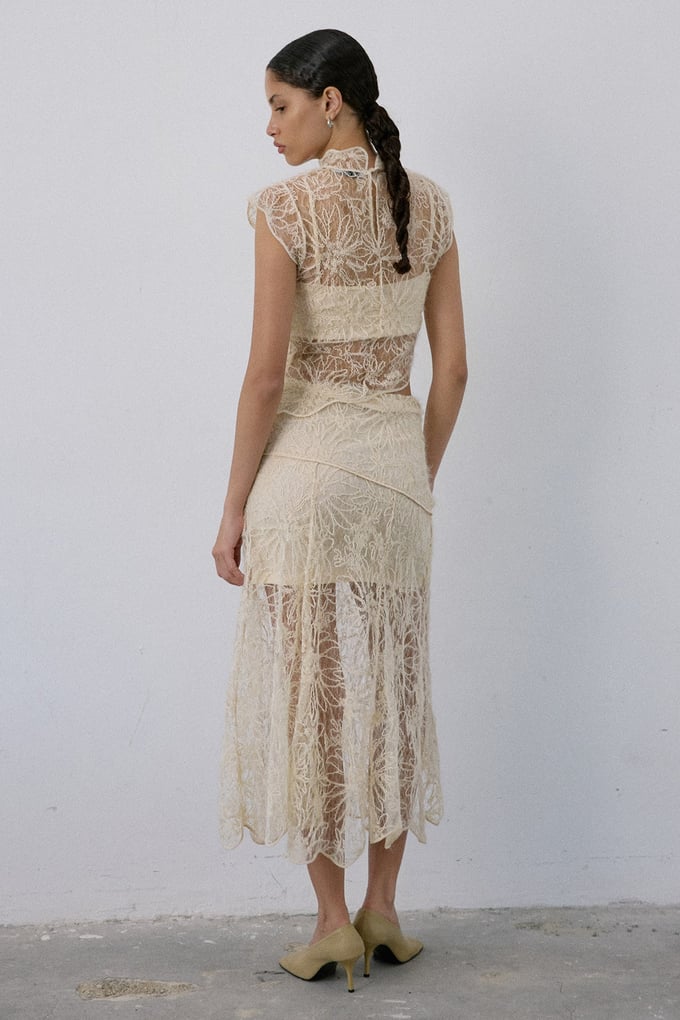 High Waist Lace Midi Ecru Skirt