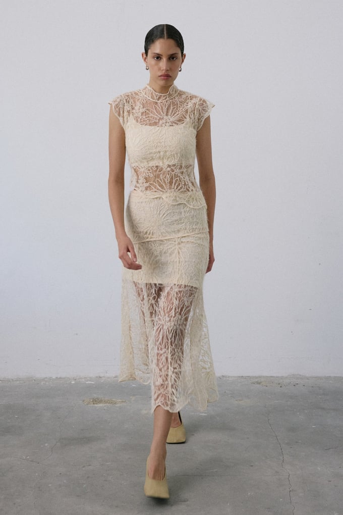 High Waist Lace Midi Ecru Skirt