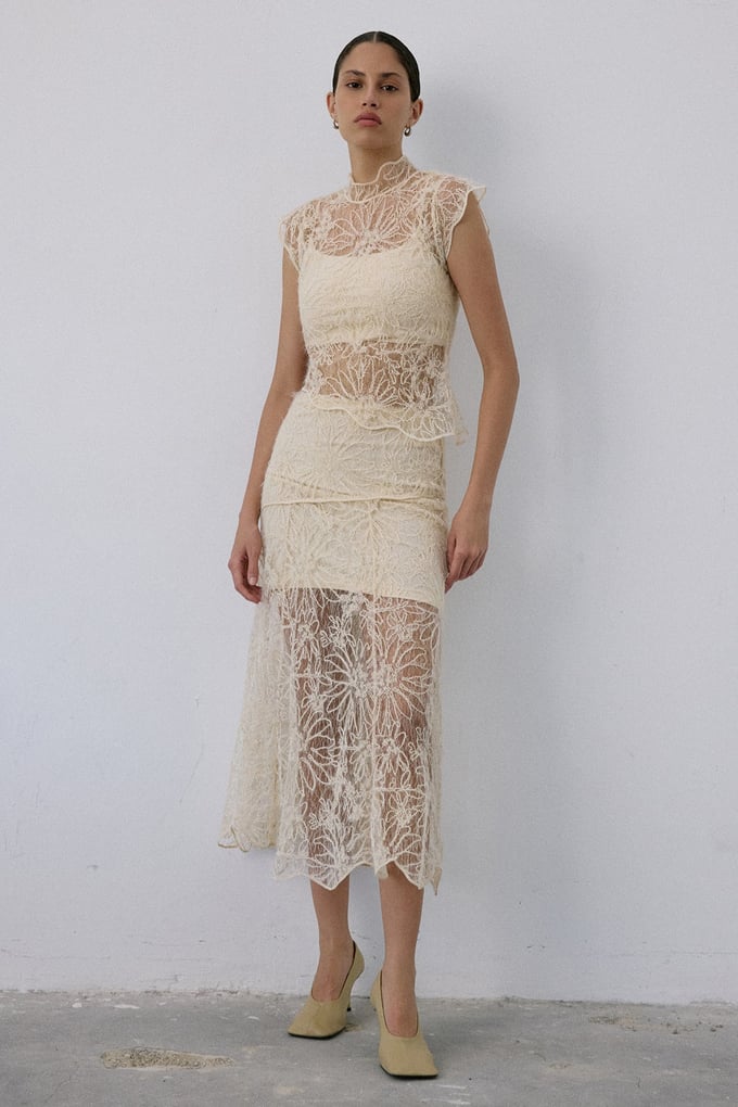 High Waist Lace Midi Ecru Skirt