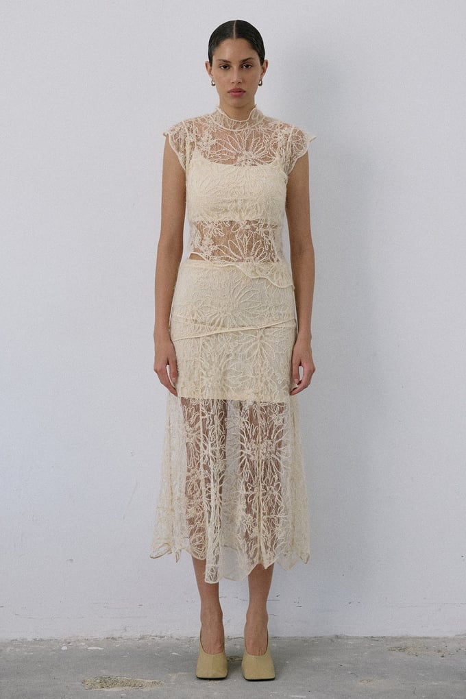 High Waist Lace Midi Ecru Skirt