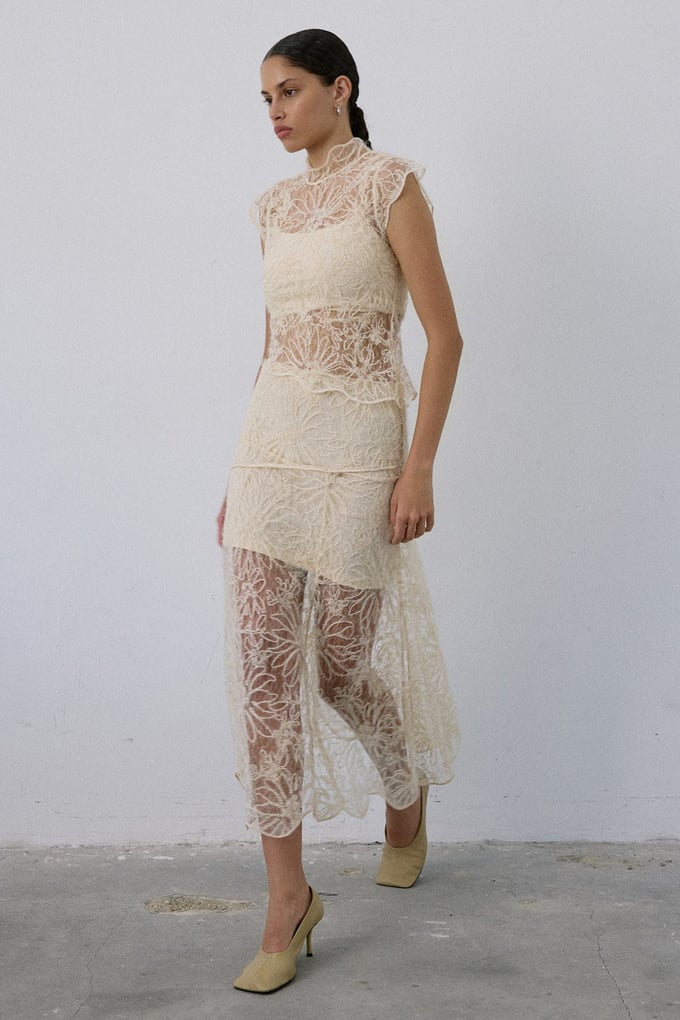 High Waist Lace Midi Ecru Skirt