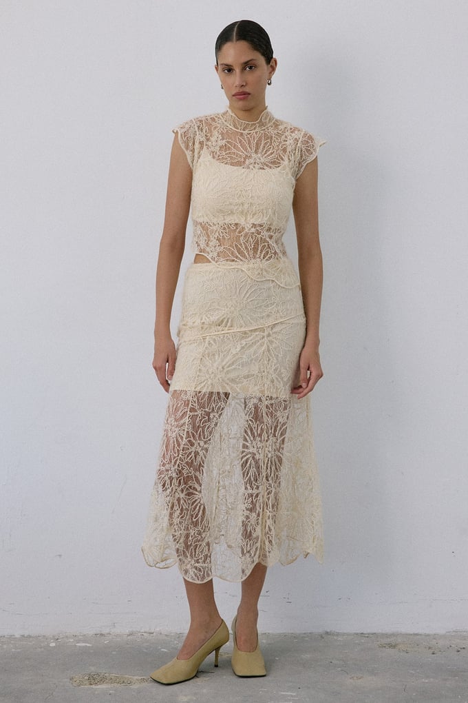 High Waist Lace Midi Ecru Skirt