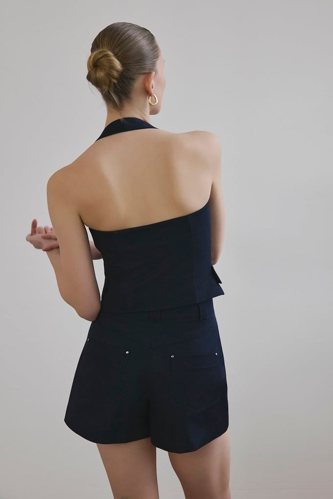 Yüksek Bel Denim Dokulu Lacivert Mini Şort