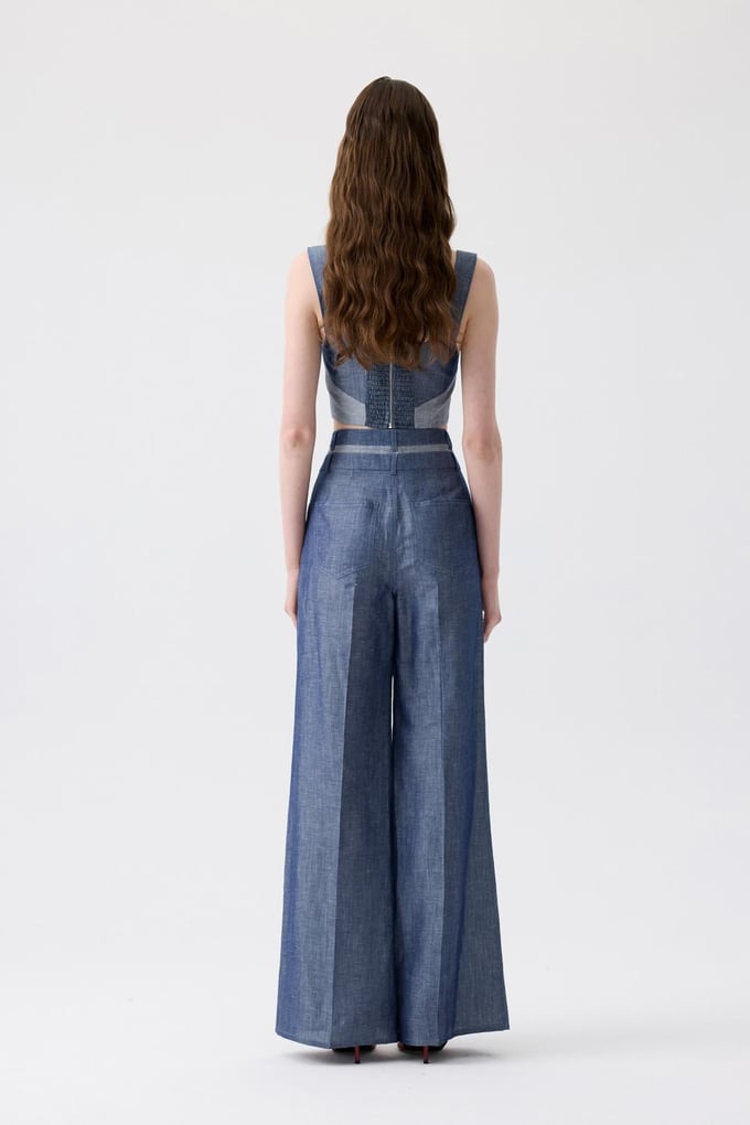 High Waist Wide Leg Buttoned Navy Blue Pants