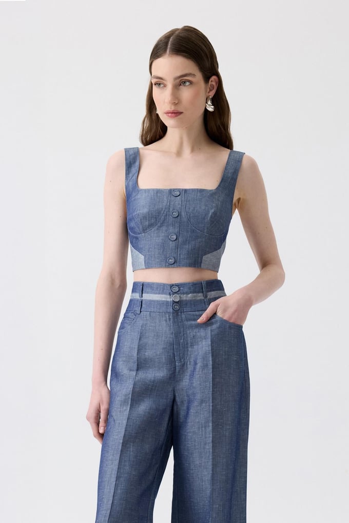 High Waist Wide Leg Buttoned Navy Blue Pants