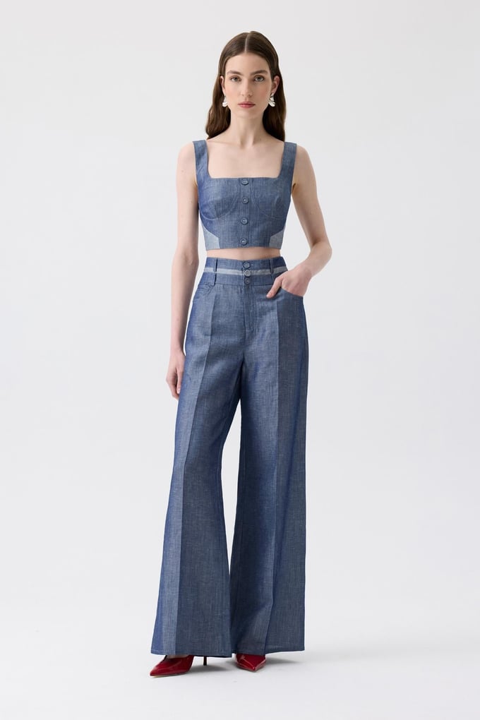 High Waist Wide Leg Buttoned Navy Blue Pants