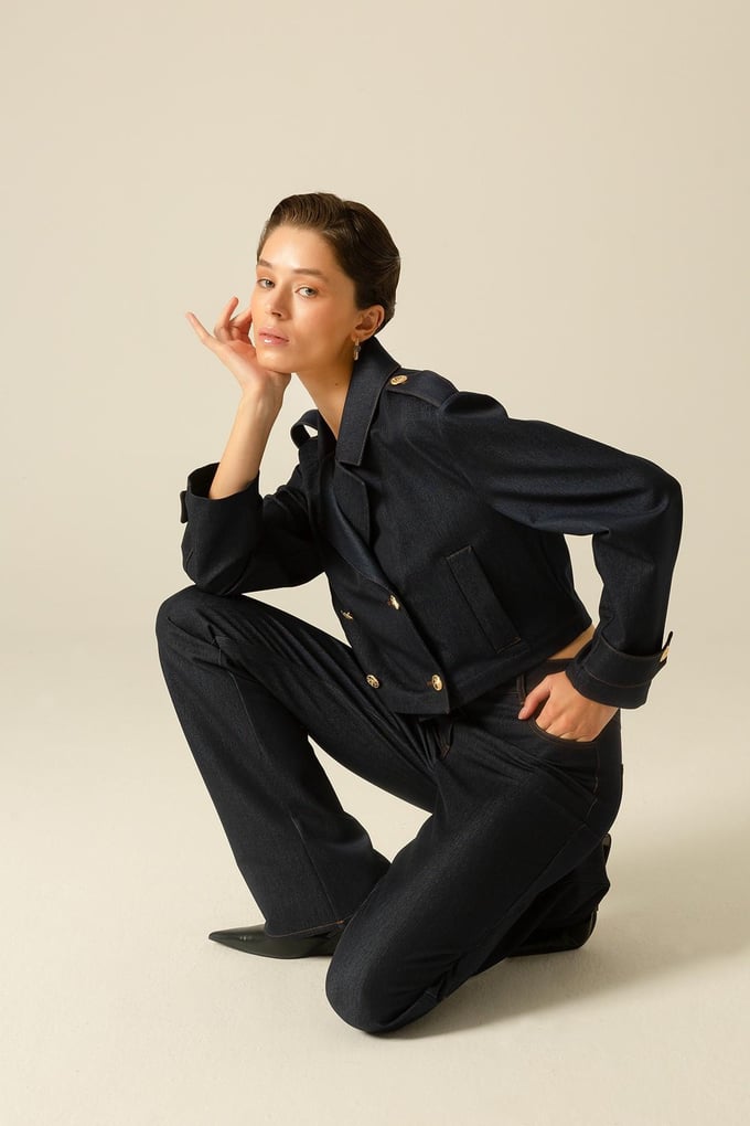Yüksek Bel Geniş Paça Lacivert Denim Pantolon