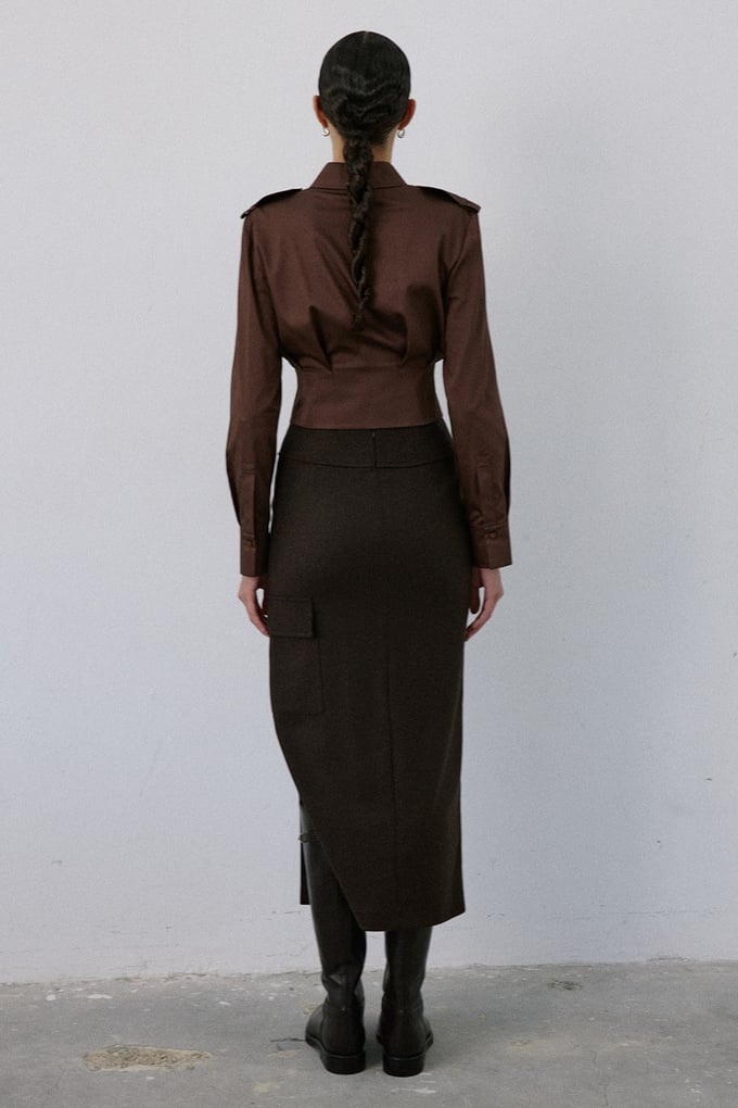 High Waist Cargo Pocket Midi Brown Skirt