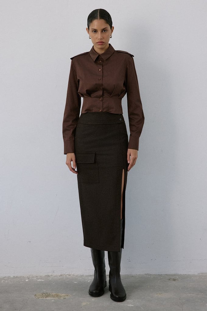 High Waist Cargo Pocket Midi Brown Skirt