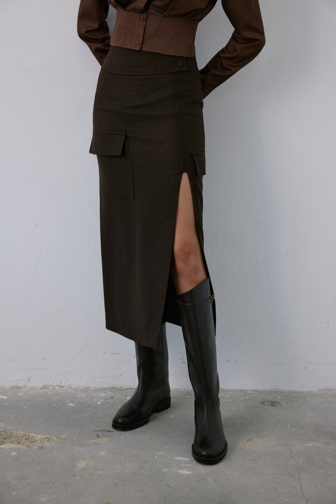 High Waist Cargo Pocket Midi Brown Skirt