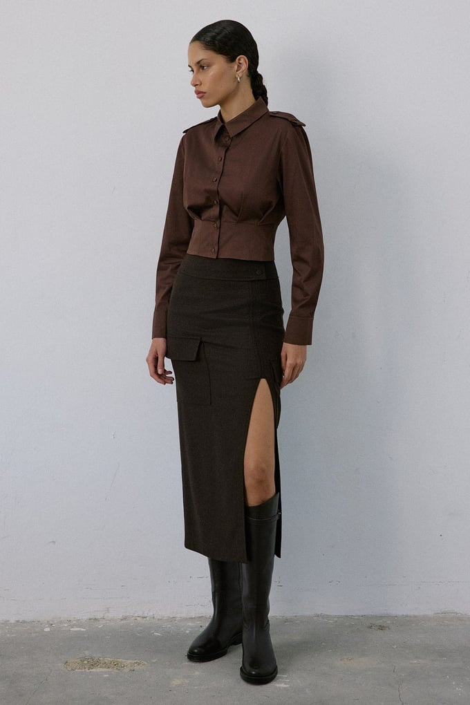 High Waist Cargo Pocket Midi Brown Skirt