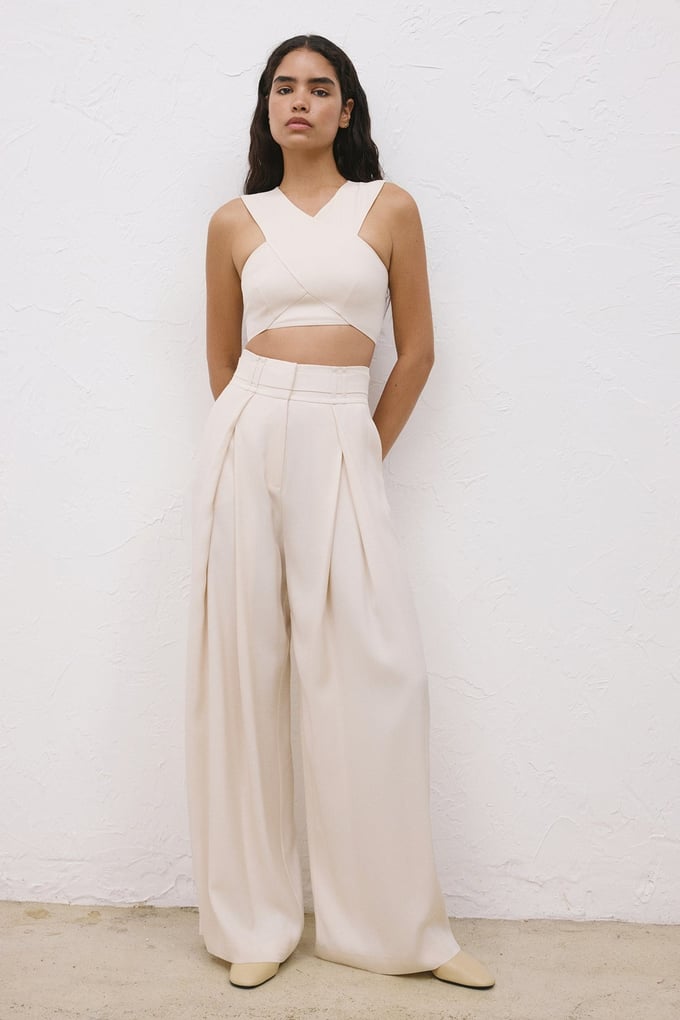 High-Waist Belt Detail Wide Leg Beige Trousers