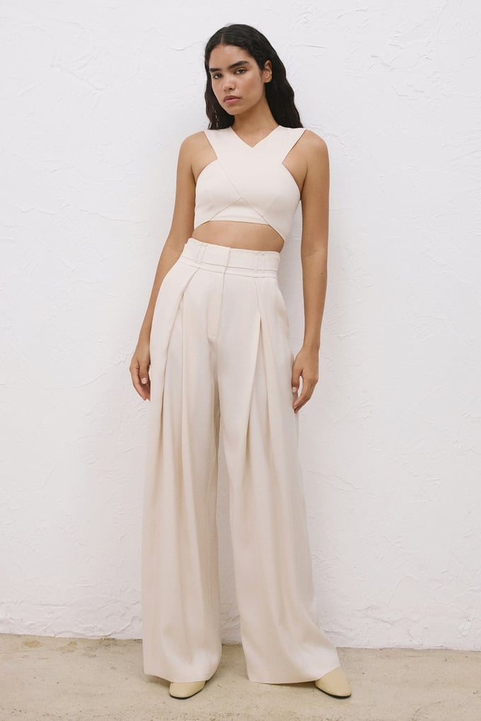 High-Waist Belt Detail Wide Leg Beige Trousers